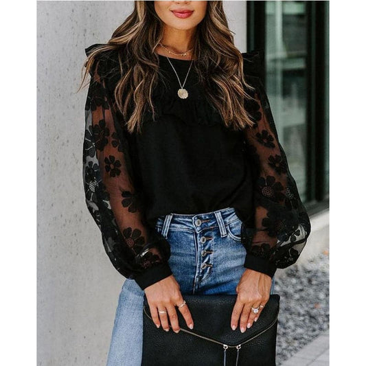 Woman Elegant Mesh Patchwork Blouse Long Sleeve Blouse Lace Transparent Flower Lantern Sleeve Pullover Streetwear Shirts