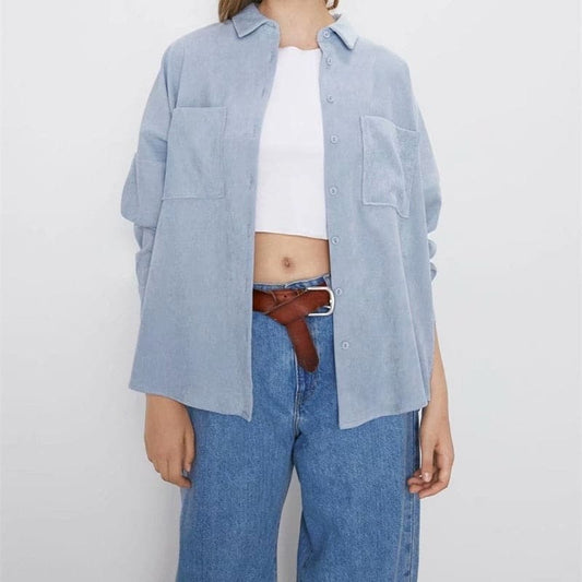 Fashion Corduroy With Pockets Loose Asymmetrical Blouses Vintage Long Sleeve Button-up Female Shirts Streetwear