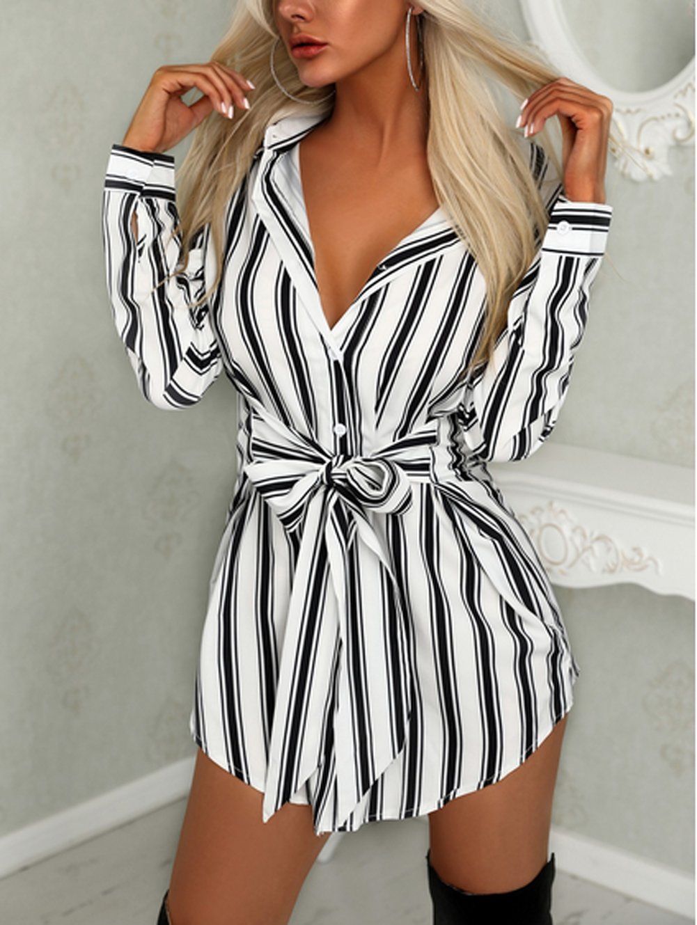 Fashion Long Sleeve Button Mini Dress