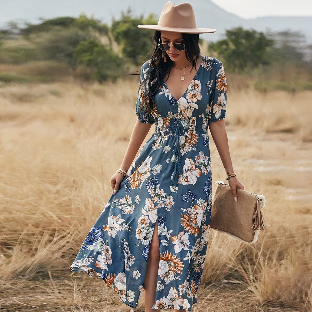 Beach Boho Print Maxi Split Dress
