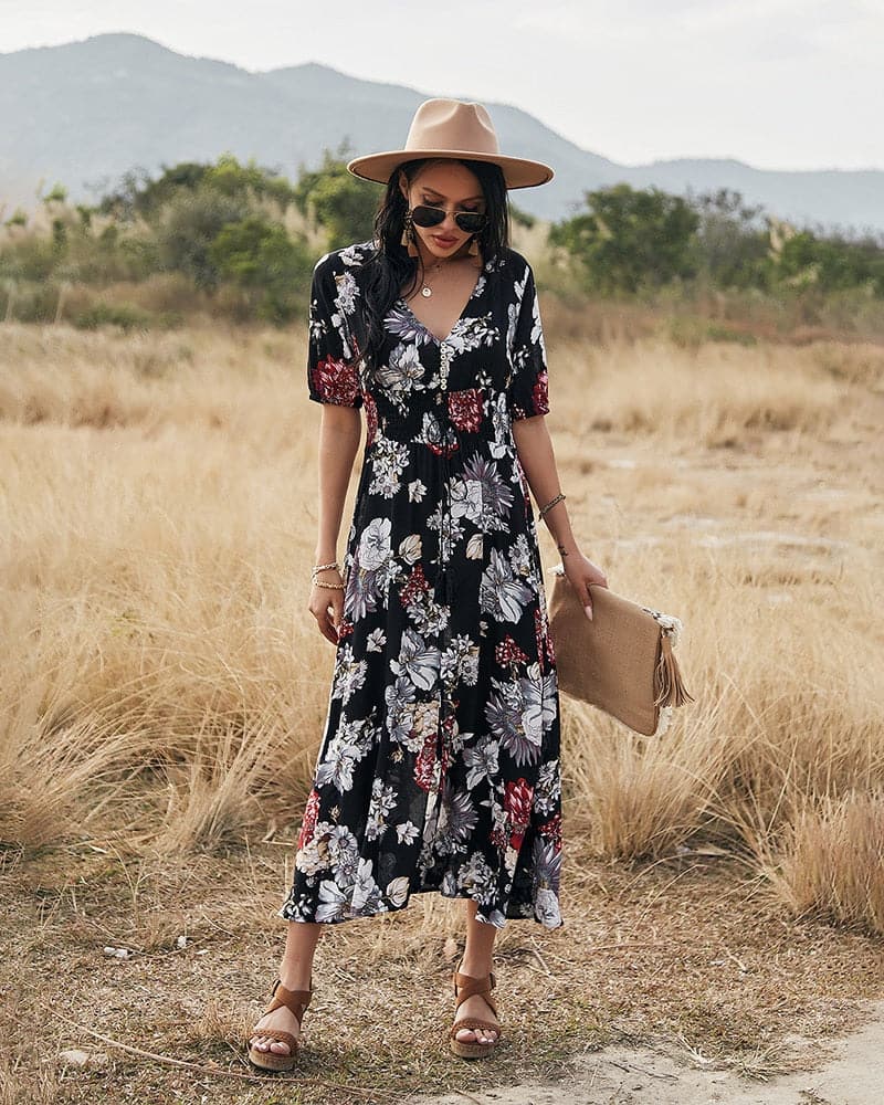 Beach Boho Print Maxi Split Dress