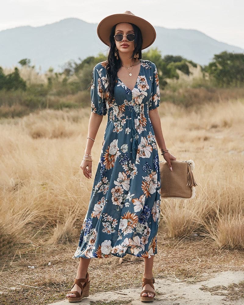 Beach Boho Print Maxi Split Dress