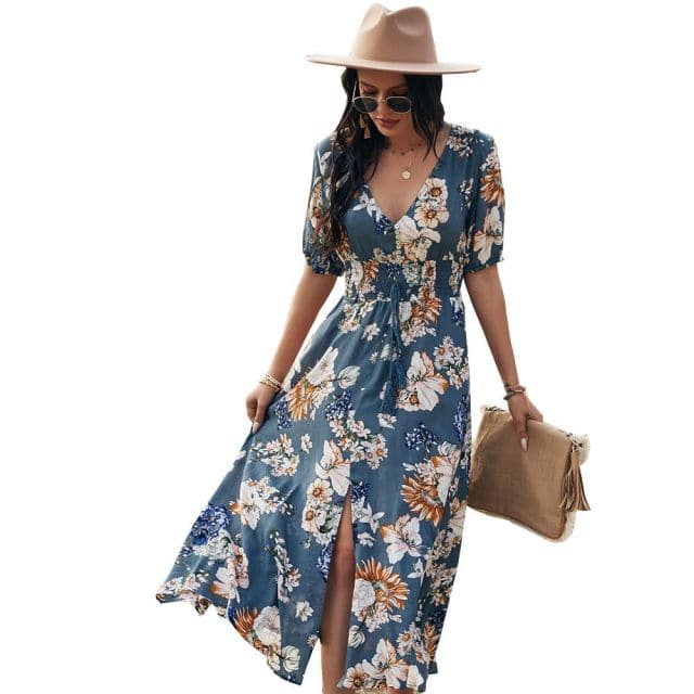 Beach Boho Print Maxi Split Dress