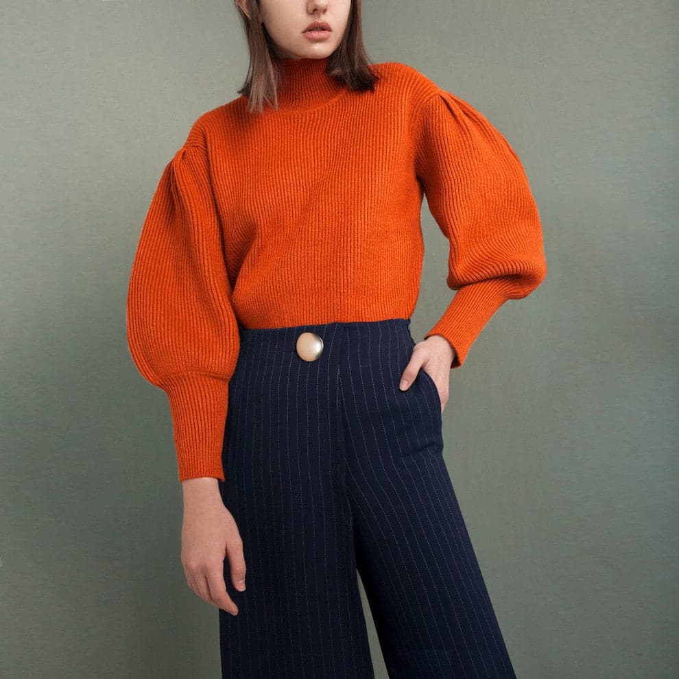 Stylish Retro Solid Semi-High Collar Lantern Sleeve Bottom Sweate