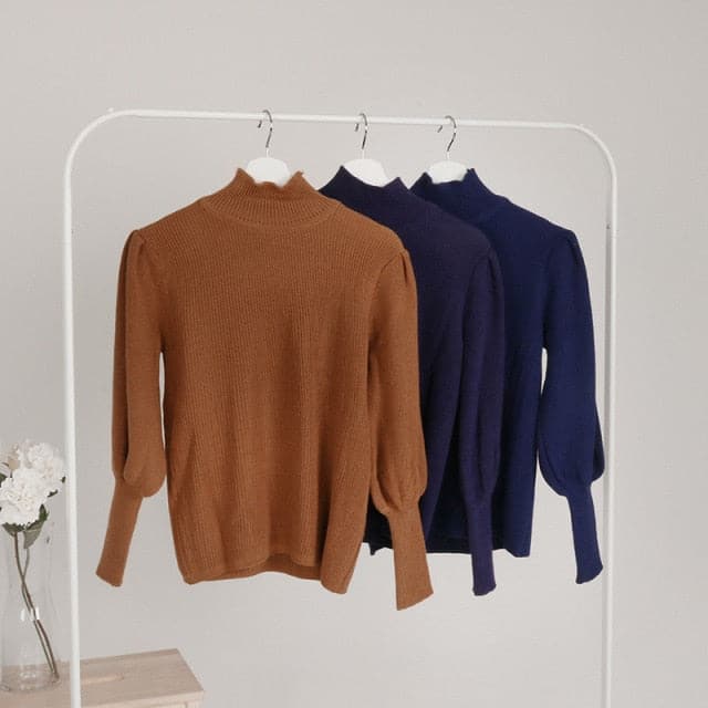 Stylish Retro Solid Semi-High Collar Lantern Sleeve Bottom Sweate