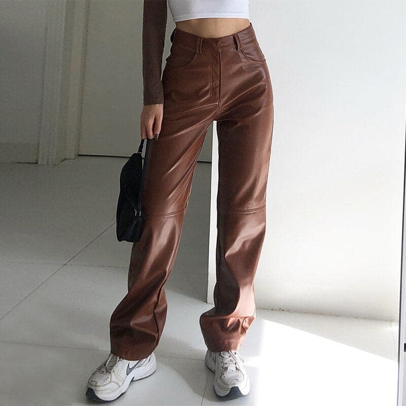 High Waisted PU Leather Pants Jogger Casual Fashion Side Pockets Straight Wide Leg Pants Loose Vintage Brown Trousers