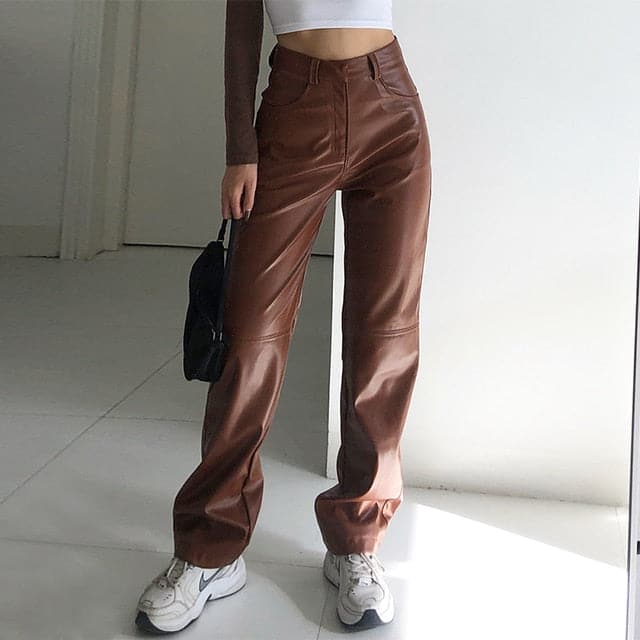 High Waisted PU Leather Pants Jogger Casual Fashion Side Pockets Straight Wide Leg Pants Loose Vintage Brown Trousers