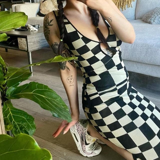 Backless Plaid Print Spaghetti Strap Hollow Out Vestidos Dresses