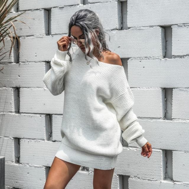 Off-shoulder Lantern Sleeve Knitted Sweater Dress