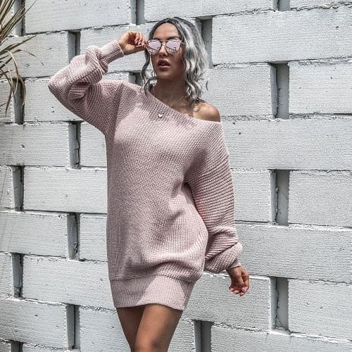 Off-shoulder Lantern Sleeve Knitted Sweater Dress