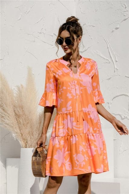 Floral Stitching V-neck Flared Sleeves Dress