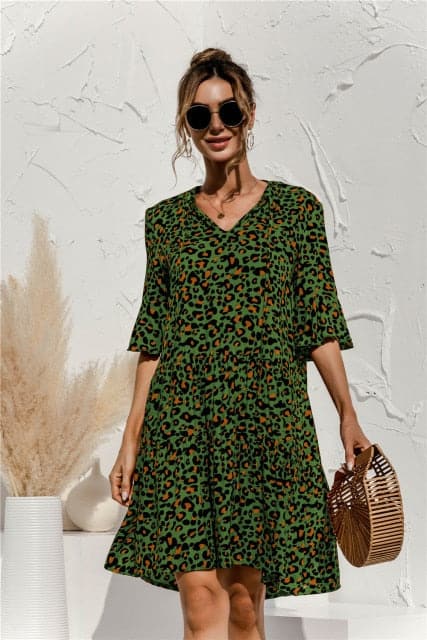 Floral Stitching V-neck Flared Sleeves Dress