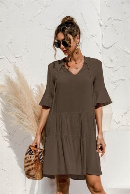 Floral Stitching V-neck Flared Sleeves Dress