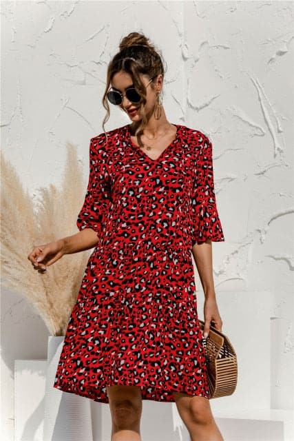 Floral Stitching V-neck Flared Sleeves Dress