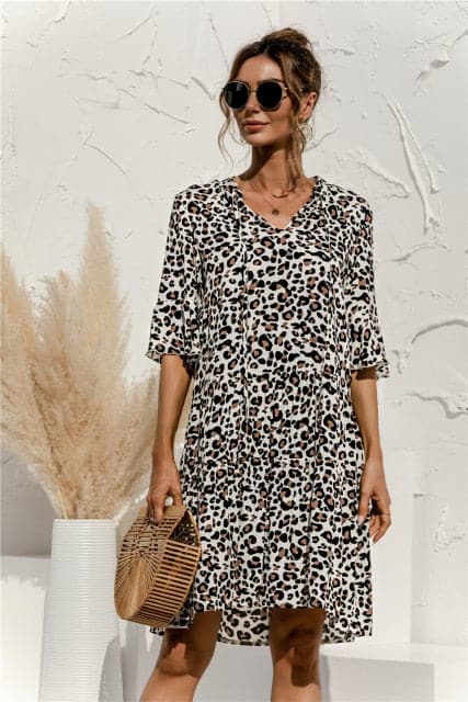 Floral Stitching V-neck Flared Sleeves Dress