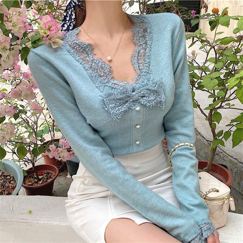 Vintage Knitted Shirts Ladies Casual V-Neck Lace Slim Blouse and Tops Spring Korean Style  Shirt Female Elegant