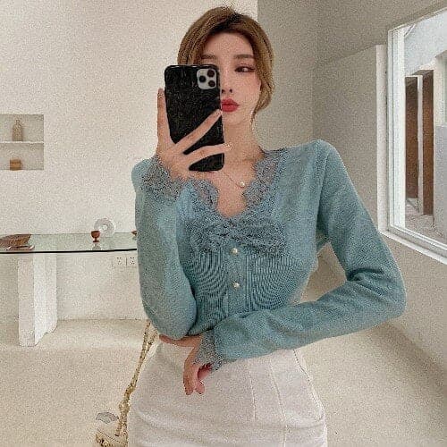 Vintage Knitted Shirts Ladies Casual V-Neck Lace Slim Blouse and Tops Spring Korean Style  Shirt Female Elegant