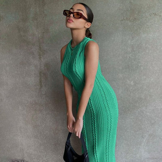 Solid Color Knitted Sleeveless Round Neck Dress