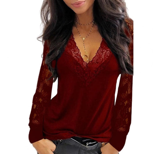 Female Tops Pullover Deep V Neck Lace Trim See Through Long Sleeve Blouse Top Blouse Solid Vintage Blouse Shirts