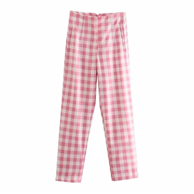 Office Lady Fashion Pink Plaid Suit Cotton Long Pants Summer Za High Waist Zipper Straight Chic Trousers