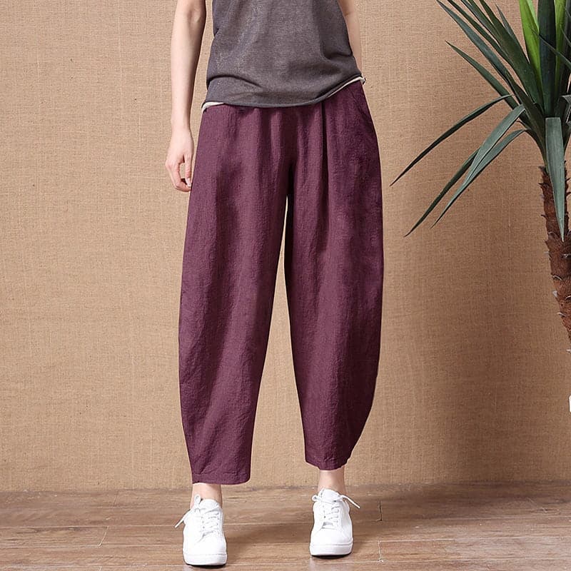 ShiMai Women's Cotton Linen Pants Elastic Waist Vintage Trousers Lady Loose Casual Pants S-2XL Retro Literary Cotton Trousers