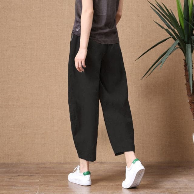 ShiMai Women's Cotton Linen Pants Elastic Waist Vintage Trousers Lady Loose Casual Pants S-2XL Retro Literary Cotton Trousers