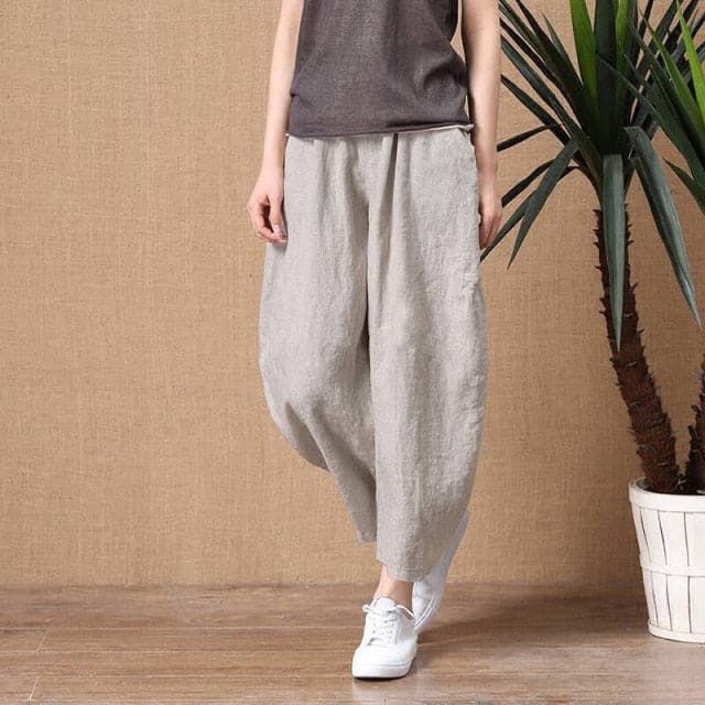 ShiMai Women's Cotton Linen Pants Elastic Waist Vintage Trousers Lady Loose Casual Pants S-2XL Retro Literary Cotton Trousers