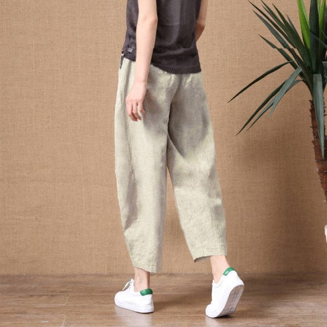 ShiMai Women's Cotton Linen Pants Elastic Waist Vintage Trousers Lady Loose Casual Pants S-2XL Retro Literary Cotton Trousers