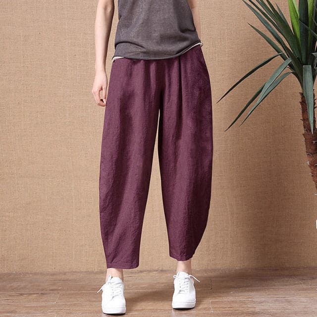ShiMai Women's Cotton Linen Pants Elastic Waist Vintage Trousers Lady Loose Casual Pants S-2XL Retro Literary Cotton Trousers