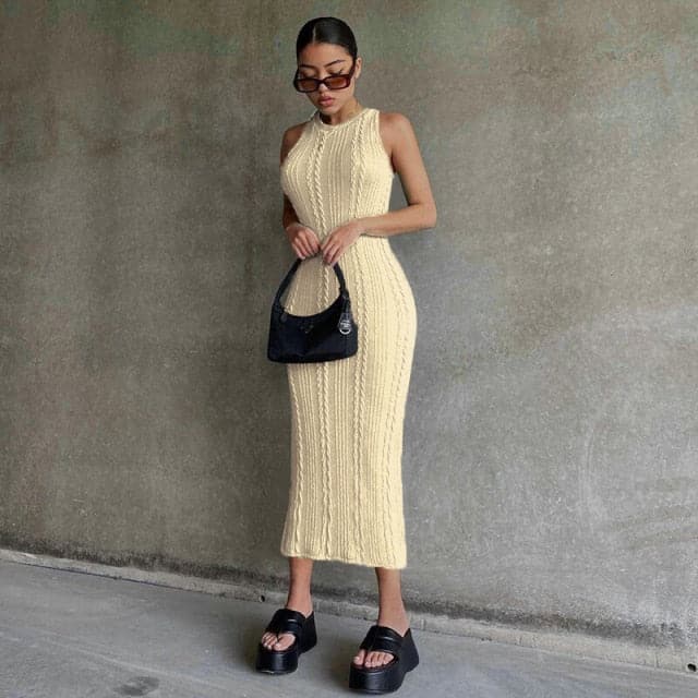 Solid Color Knitted Sleeveless Round Neck Dress