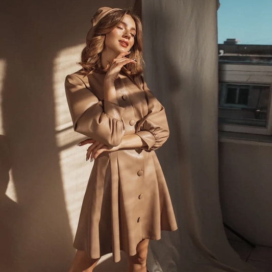 Lantern Sleeve O Neck Elegant PU Leather Dresses