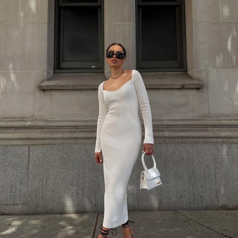 Square Neck Long Sleeve Soft Sweater Dress