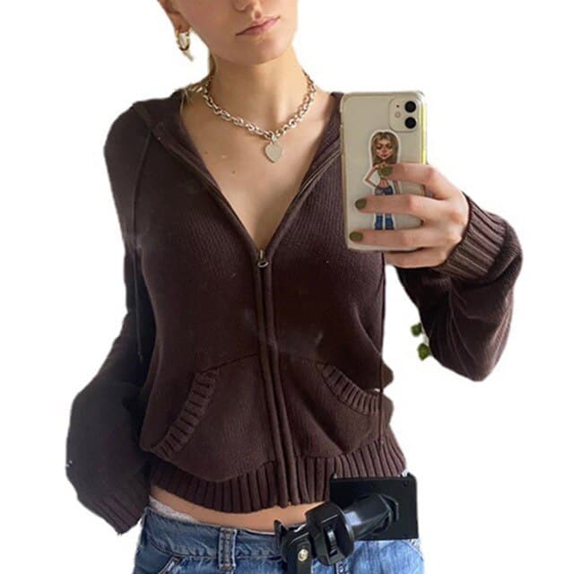 Vintage Braun Solide Mit Pullover Frauen Herbst Winter Laterne Sleeve Zip Up Jacke Strickjacke Hoodies