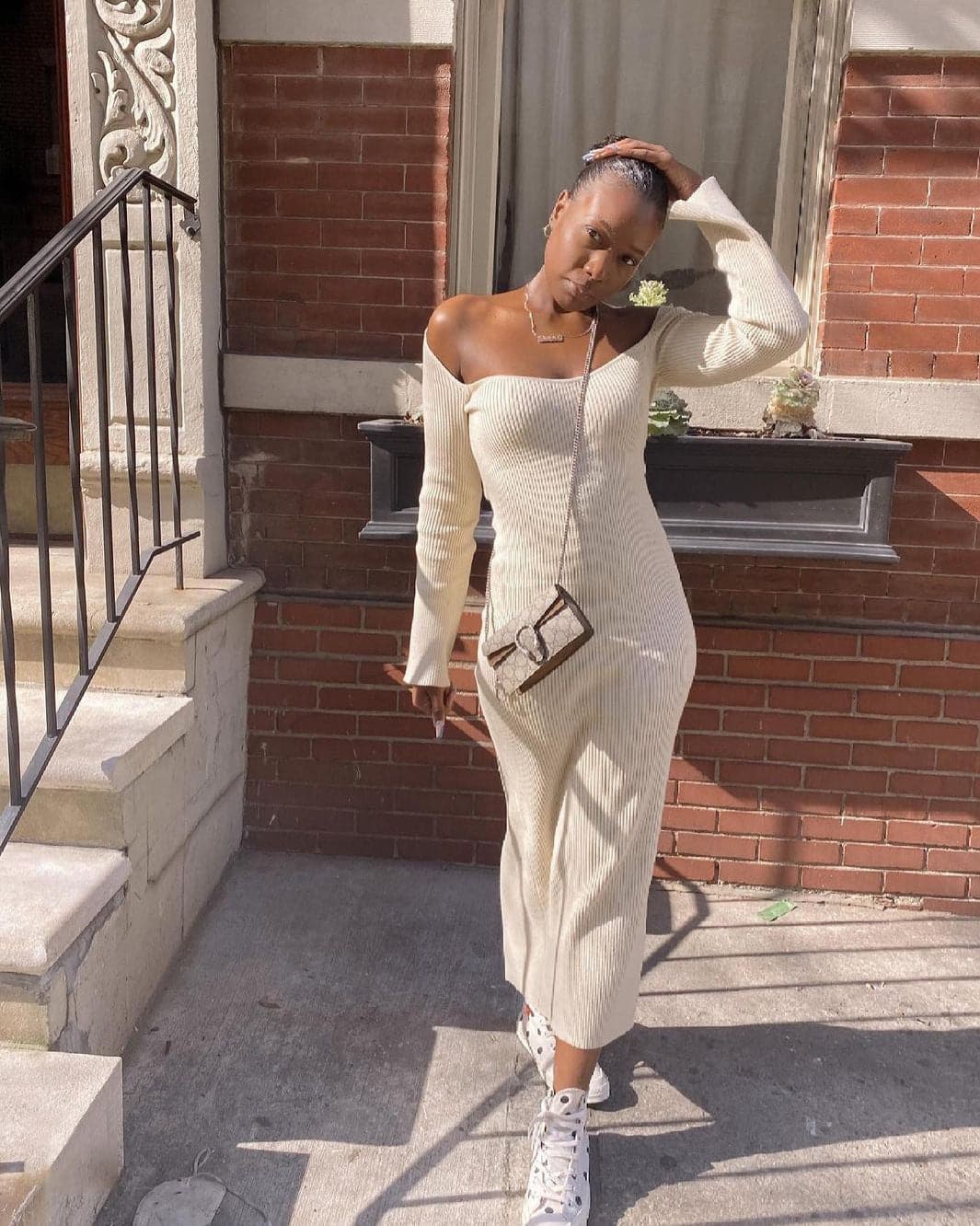 Square Neck Long Sleeve Soft Sweater Dress