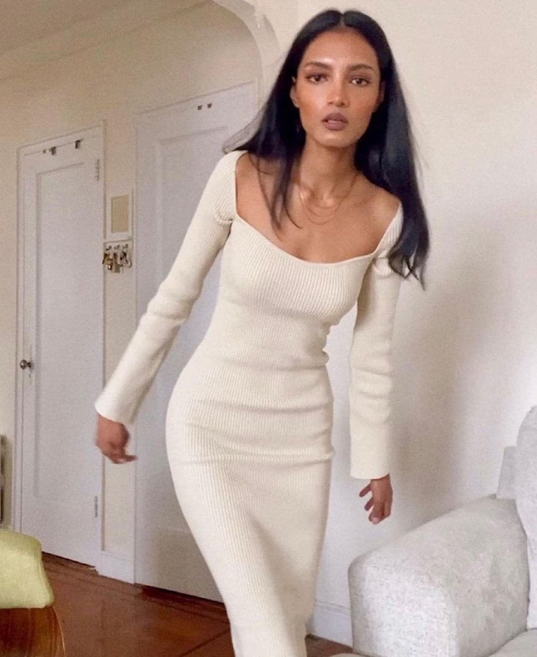 Square Neck Long Sleeve Soft Sweater Dress