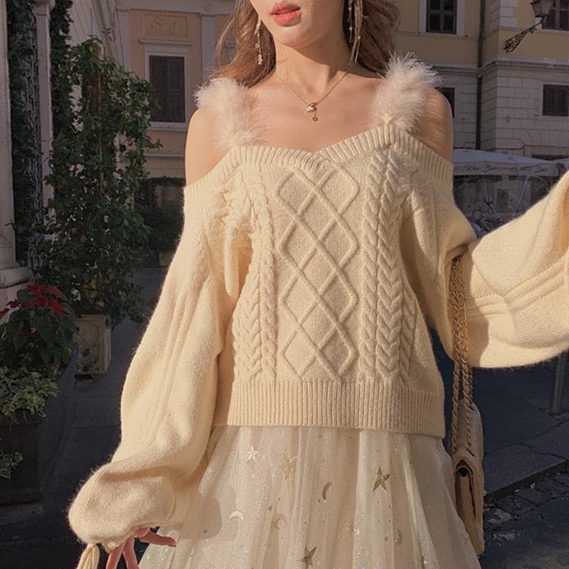 Off-the-shoulder Sweater Ladies Autumn Winter Elegant Soft Lace Puff Sleeve Knitted Sweater Woman Italy Pull Crop Top