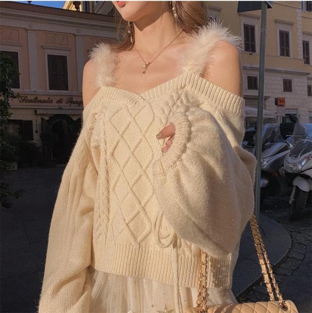 Off-the-shoulder Sweater Ladies Autumn Winter Elegant Soft Lace Puff Sleeve Knitted Sweater Woman Italy Pull Crop Top