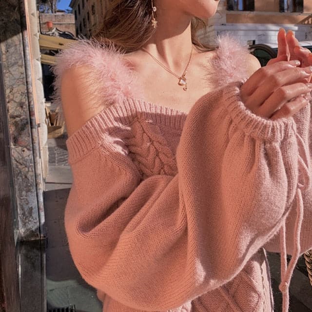 Off-the-shoulder Sweater Ladies Autumn Winter Elegant Soft Lace Puff Sleeve Knitted Sweater Woman Italy Pull Crop Top