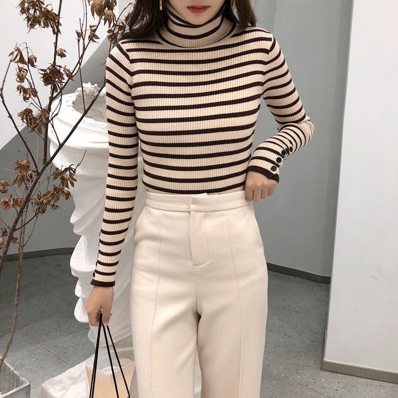 High-Collar Striped Knit Bottom Sweater