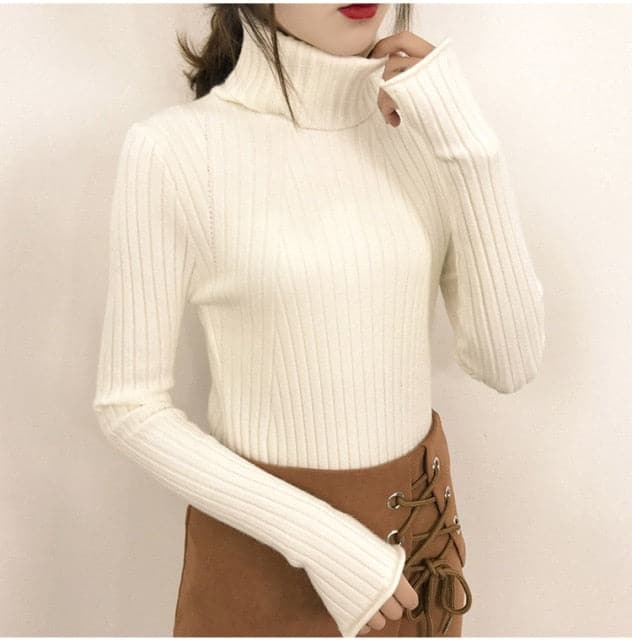 High-Collar Striped Knit Bottom Sweater