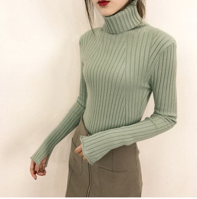 High-Collar Striped Knit Bottom Sweater