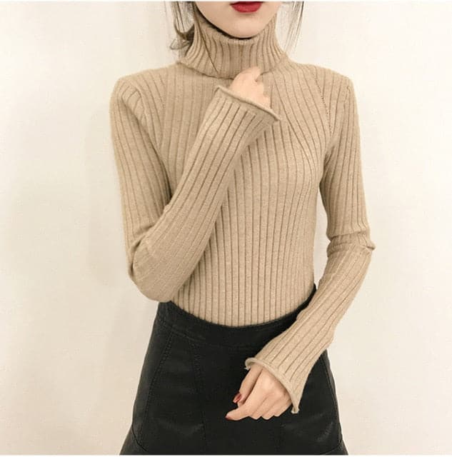 High-Collar Striped Knit Bottom Sweater