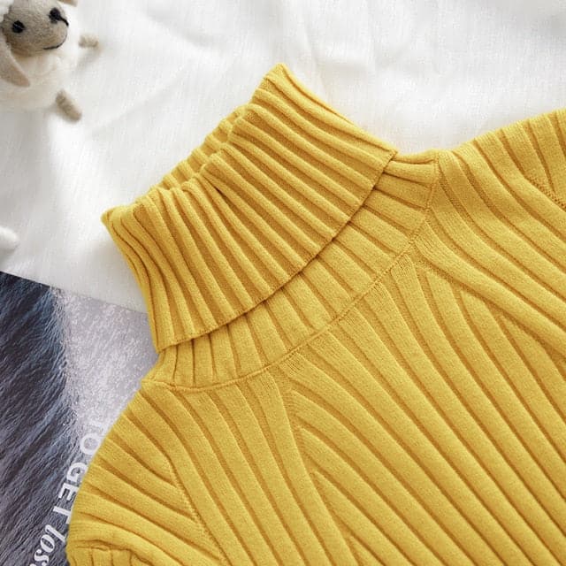 High-Collar Striped Knit Bottom Sweater