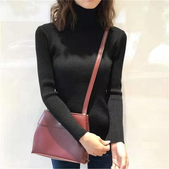 High-Collar Striped Knit Bottom Sweater