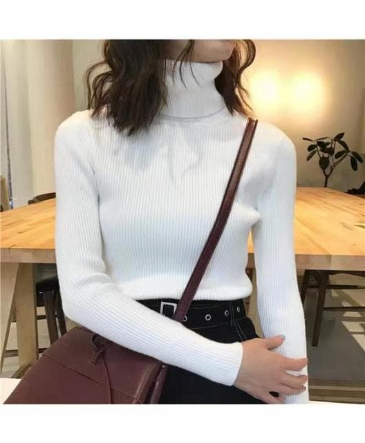 High-Collar Striped Knit Bottom Sweater