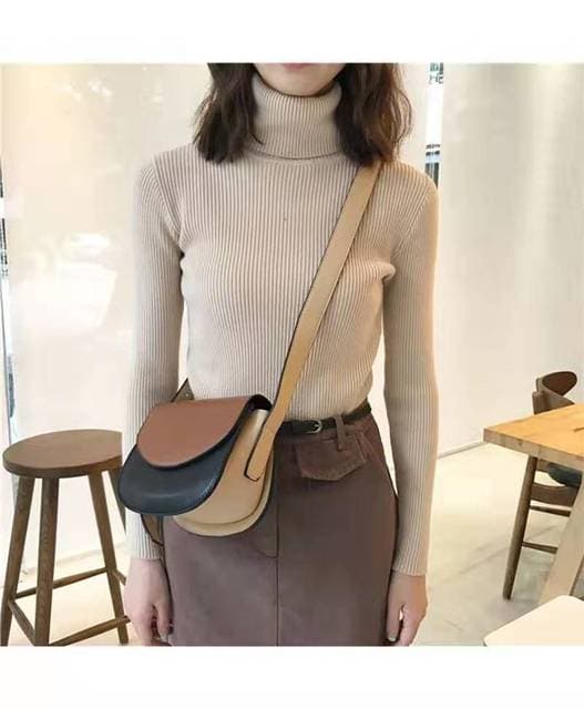 High-Collar Striped Knit Bottom Sweater