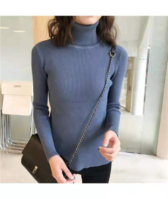 High-Collar Striped Knit Bottom Sweater