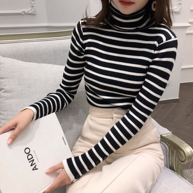 High-Collar Striped Knit Bottom Sweater