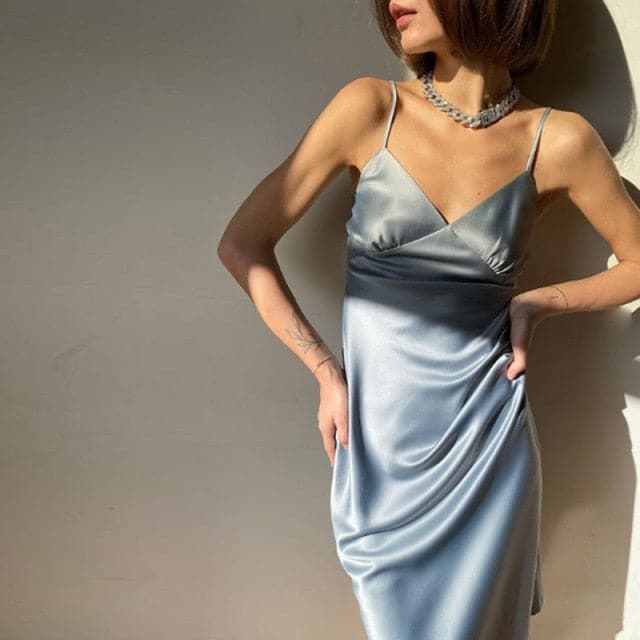 Elegant Satin Fabric V Neck Casual Dress