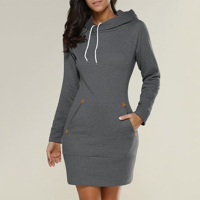 Spring Ladies Knee-Length Dress Hooded Warm Sweatshirt